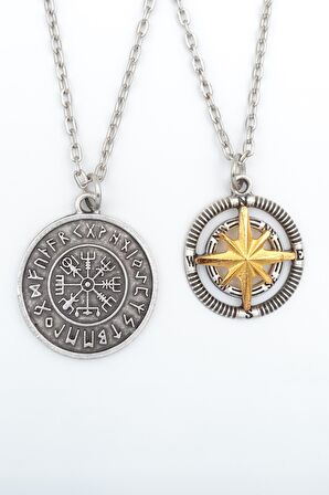 2'li Pusula Kutup Yıldızlı - Viking Pusula Erkek Kadın Kolye Seti 925 Ayar Gümüş Kaplama