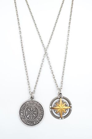 2'li Pusula Kutup Yıldızlı - Viking Pusula Erkek Kadın Kolye Seti 925 Ayar Gümüş Kaplama