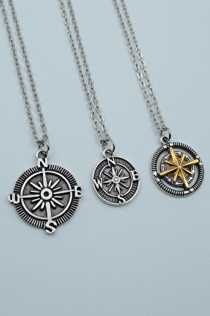 3'lü Pusula Minimal Pusula Kutup Yıldızlı Pusula Gümüş Kaplama Kolye Seti
