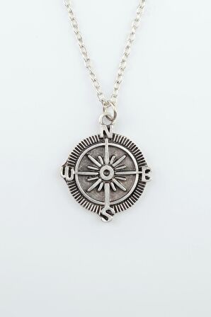 Pusula Erkek Kadın Kolye Antik Gümüş Kaplama - 60 cm Düz Zincir