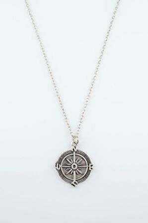 Pusula Erkek Kadın Kolye Antik Gümüş Kaplama - 60 cm Düz Zincir