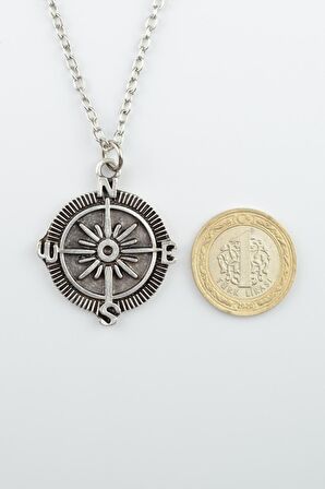Pusula Erkek Kadın Kolye Antik Gümüş Kaplama - 60 cm Düz Zincir