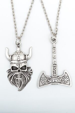 2'li Viking Sakallı Kuru Kafa - Balta Erkek Kadın Kolye Seti 925 Ayar Gümüş Kaplama