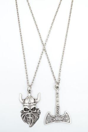 2'li Viking Sakallı Kuru Kafa - Balta Erkek Kadın Kolye Seti 925 Ayar Gümüş Kaplama