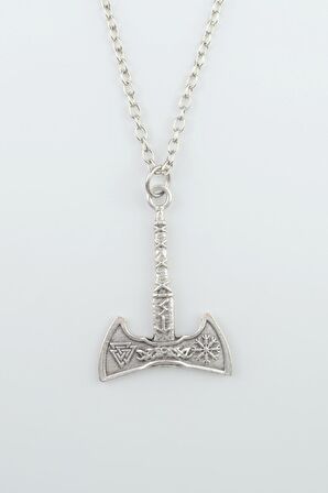 Viking Çift Taraflı Balta Erkek Kadın Kolye Antik Gümüş Kaplama - 60 cm Düz Zincir