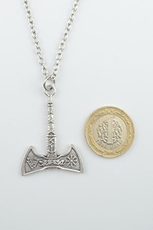 Viking Çift Taraflı Balta Erkek Kadın Kolye Antik Gümüş Kaplama - 60 cm Düz Zincir