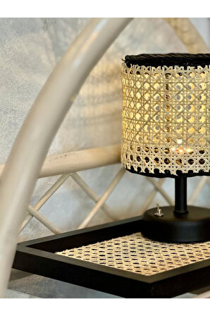 2'li Set Hazeran & Rattan Kablosuz Masa Lambası Siyah & Hazeran Tepsi Siyah Dikdörtgen