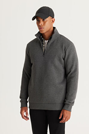 Erkek Antrasit-melanj Standart Fit Normal Kesim Içi Polarlı Bato Yaka Pamuklu Sweatshirt