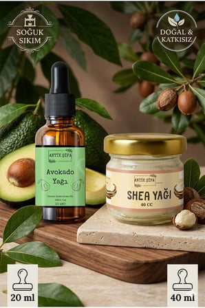 Shea Yağı (40 ml) +Avokado yağı (20 ml) - Doğal Saf Soğuk Sıkım Yağ Seti Karite Butter