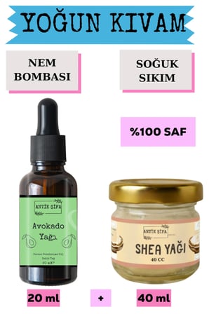Shea Yağı (40 ml) +Avokado yağı (20 ml) - Doğal Saf Soğuk Sıkım Yağ Seti Karite Butter