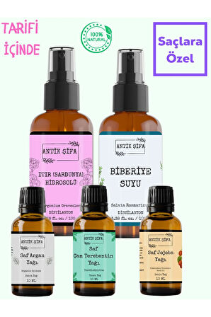 Doğal Saç Bakım Yağı Ve Doğal Biberiye Suyu Seti, Argan, Jojoba, Çam Terebentin Yağı, Biberiye Suyu