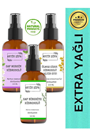 Gözenek Sıkılaştırıcı Yüz Bakım Seti- Biberiye, Ölmez Çiçek Ve Mersin Suyu (3 X 100ML) Doğal