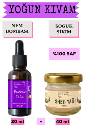 Shea Yağı (40 ml) +Baobab yağı (20 ml) - Doğal Saf Soğuk Sıkım Yağ Seti Karite Butter