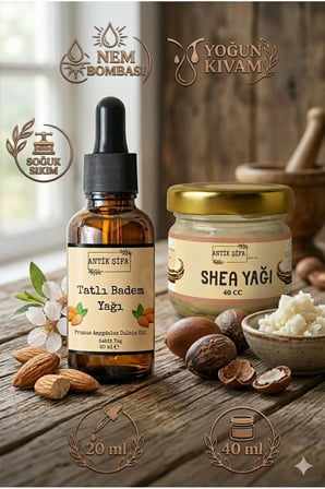 Shea Yağı (40 ml) + Tatlı Badem Yağı (20 ml) - Doğal, Soğuk Sıkım, Saf Yağ Seti Karite Butter