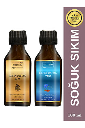 Bamya Tohumu Yağı ve Keten Tohumu Yağı (100ml+100ml) - %100 Doğal Soğuk Sıkım Yağlar