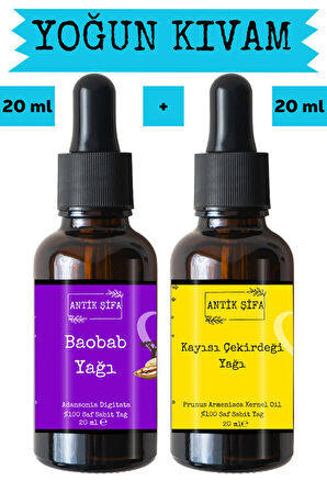 Baobab Yağı ve Kayısı Çekirdeği Yağı (20ml + 20ml) -%100 Doğal Soğuk Sıkım Yüz Yogası Yağı Seti