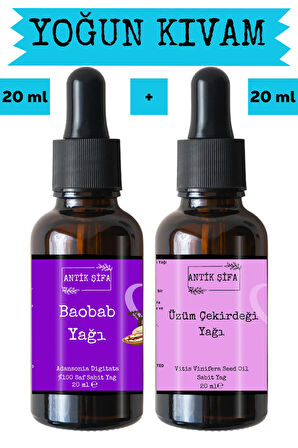 Baobab Yağı ve Üzüm Çekirdeği Yağı (20ml + 20ml) -%100 Doğal Soğuk Sıkım Yüz Yogası Yağı Seti
