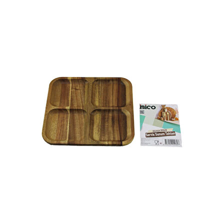AKASYA KARE 4 BÖLMELİ  AHŞAP SERVİS SUNUM TEPSİ - TAHTASI  20 X 1.4CM 