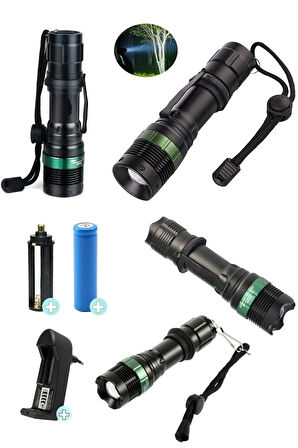 Ultra Güçlü 3 Modlu Metal Şarjlı El Feneri Cree T6 800 Metre + Şarjlı Pil 