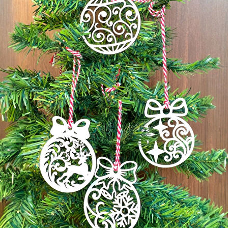 10 Parça Kırmızı Beyaz İpli Fiyonk Model Ahşap Yılbaşı Ağaç Süsü 