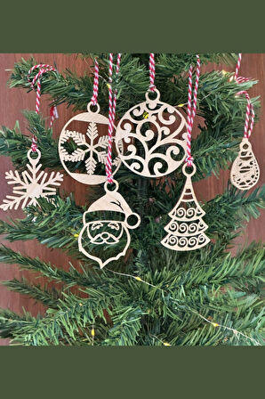 6 Parça Kırmızı Beyaz İpli Noel Babalı ve Kar Tanesi Model Ahşap Yılbaşı Ağaç Süsü 