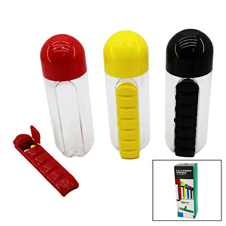 İLAÇ KUTULU PLASTİK SULUK MATARA RENKLİ BARDAK KAPAKLI 600ML 