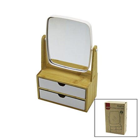 2 ÇEKMECELİ BAMBU AHŞAP STANDLI=9X9.9X17.8X21.5CM MAKYAJ AYNASI=15X18CM TAKILIK 1+1 ORGANİZER (4490)