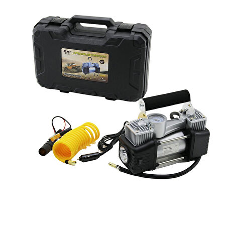 ÇİFT SİLİNDİR OTO - ARAÇ HAVA KOMPRESÖRÜ DC/12V - 23Amp - 150PSI FENERLİ BAR GÖSTERGELİ (4490)