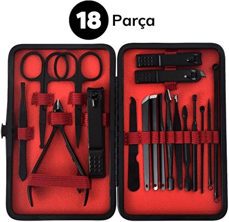 18 Parça Manikür Pedikür Set Kutusu Çelik Deri Çantalı Bakım Seti  