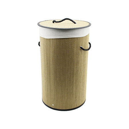 YUVARLAK HASIR - AHŞAP KİRLİ ÇAMAŞIR SEPETİ 37X60CM SEYYAR KAPAKLI İÇİ BEZLİ İP KULPLU  