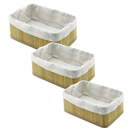3 BOY DİKDÖRTGEN BAMBU KENAR ORGANİZER SEPET AHŞAP ALTLIK - BEZLİ 13X20-16X24-20X31CM  
