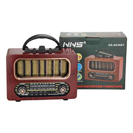Orta Boy Retro Ahşap Tasarım Bluetooth Hoparlörlü Radyo – FM/AM Destekli, Şarjlı ve Taşınabiliri Radyo NS-6636 (4490)