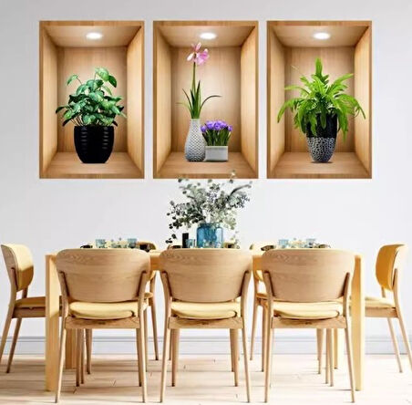 3D Çiçek Vazo Duvar Sticker 3 lü Set Kahverengi Fon (4490)