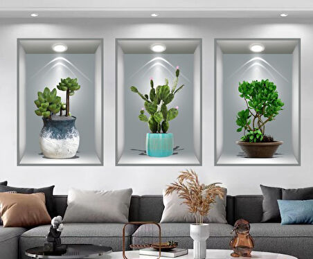 3D Çiçek Vazo Duvar Sticker 3 lü Set GRİ Fon (4490)