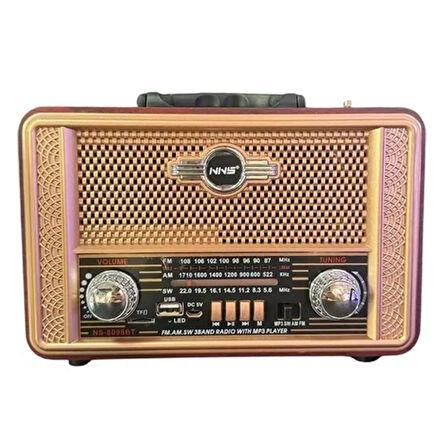 Retro, Nostaljik, Ahşap Tasarım Bluetooth Hoparlörlü, Şarjlı, Taşınabilir Otantik Tasarımlı FM/AM Destekli Radyo NS8098 (4490)