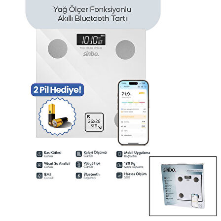 BEYAZ YAĞ ÖLÇER AKILLI BLUETOOTH CAM BASKÜL PİLLİ 180KG/50GR 26X26CM 8-KİŞİ HAFIZA LCD EKRAN ℃ GÖSTERGE SBS-4472 (4490)