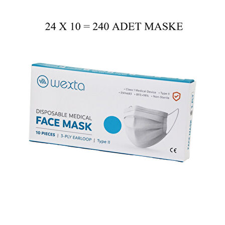 WEXTA BEYAZ 3 KATLI MEDİKAL CERRAHİ YÜZ MASKESİ 10PCS x 24 = 240 ADET (4490)