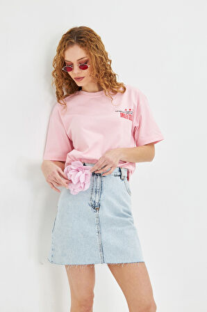 Amalfi Coast Baskılı Oversize Kadın Pamuklu Bisiklet Yaka Baskılı Tişört