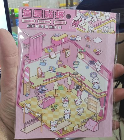 Pembe Tavşan Butik Tasarım Oda Sticker Seti DIY Giysi Mağazası Sahneli