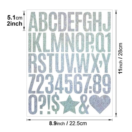 Simli Gümüş Harf ve Rakam Sticker Seti Kendinden Yapışkanlı Alfabe Etiketleri 5 cm