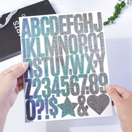 Simli Gümüş Harf ve Rakam Sticker Seti Kendinden Yapışkanlı Alfabe Etiketleri 5 cm