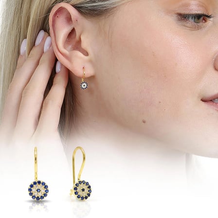 Mavi-Beyaz Zirkon Taşlı Çiçek Tasarım Gold Renk 925 Ayar Gümüş Kadın Küpe