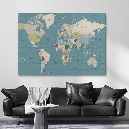 Harita Sepeti Dünya Haritası Meridyenli Dekoratif Kanvas Tablo 1070