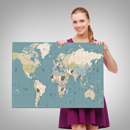 Harita Sepeti Dünya Haritası Meridyenli Dekoratif Kanvas Tablo 1070