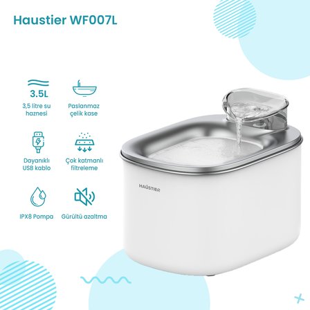 Haustier HST-CB002-Gri Akıllı Otomatik Kedi Tuvaleti, HST-QQ005 Beyaz Akıllı Mama Kabı , HST-WF007L Beyaz Kedi Su Sebili 3 lü Set Haustier Türkiye Garantili