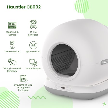 Haustier HST-CB002-Gri Akıllı Otomatik Kedi Tuvaleti, HST-QQ005 Beyaz Akıllı Mama Kabı , HST-WF007L Beyaz Kedi Su Sebili 3 lü Set Haustier Türkiye Garantili