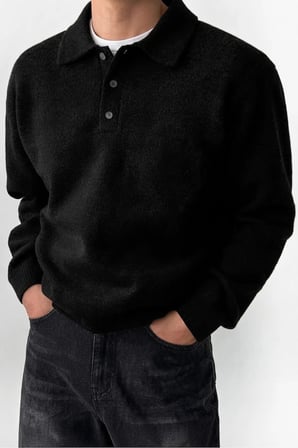 Erkek Polo Yaka Oversize Triko Kazak – Rahat Kalıp