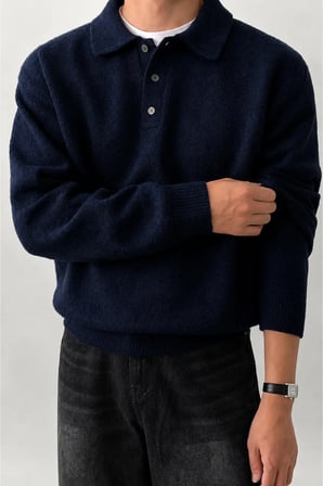 Erkek Polo Yaka Oversize Triko Kazak – Rahat Kalıp