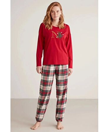  W606 Kadın Uzun Kollu Ekoseli Pijama Takımı