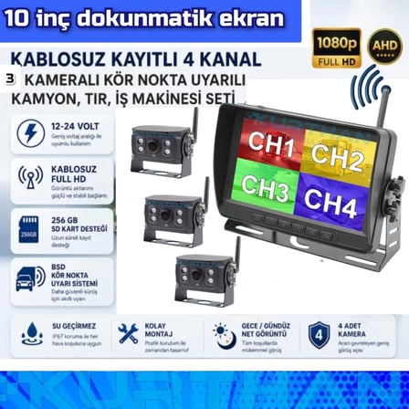 10 İNÇ DVR DOKUNMATİK 3 ADET KABLOSUZ KAMERA AHD 1080P  MONİTÖR BSD KÖR NOKTA SİSTEMLİ 12 24 V